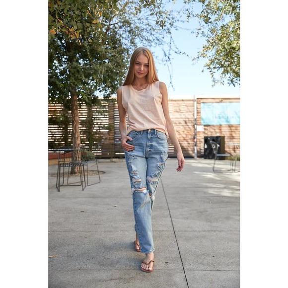 Top Tier Medium blue Distressed Straight Leg Jeans - Picture 3 of 4